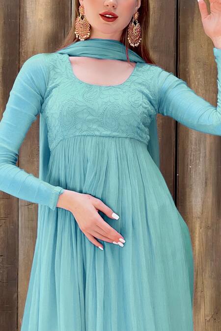 LABEL AISHWARYRIKA_Blue Georgette And Chiffon Chikankari Round Neck Amalfi Embroidered Anarkali_Online_at_Aza_Fashions
