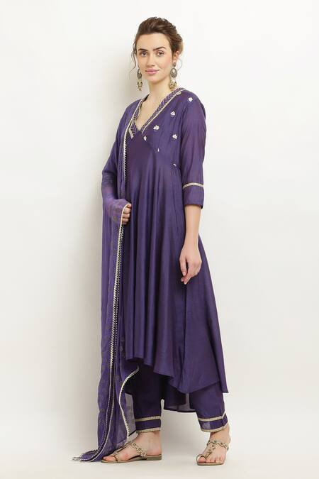 Kefi Collections_Purple Cotton, Chanderi, Muslin Gota Patti, Amarit High-low Anarkali Set_Online_at_Aza_Fashions