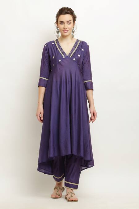 Buy_Kefi Collections_Purple Cotton, Chanderi, Muslin Gota Patti, Amarit High-low Anarkali Set_Online_at_Aza_Fashions
