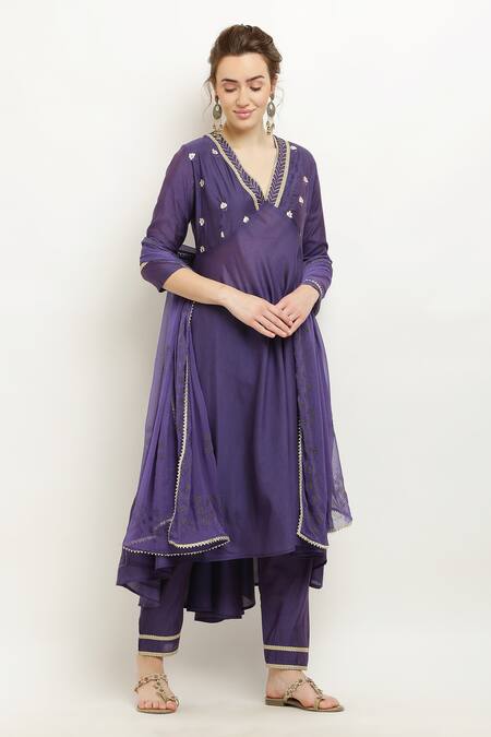Shop_Kefi Collections_Purple Cotton, Chanderi, Muslin Gota Patti, Amarit High-low Anarkali Set_Online_at_Aza_Fashions