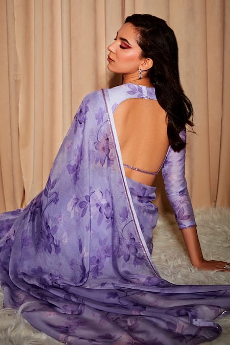 Shop_Dohr India_Purple Organza, Silk Cut Work Botanical Print Pre-draped Saree _Online_at_Aza_Fashions