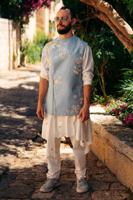 Sahil Kochhar Blue Embroidery, Sequins Asymmetric Floral Jacket Online at Aza Fashions Sahil Kochhar_Blue Embroidery, Sequins Asymmetric Floral Jacket _Online_at_Aza_Fashions