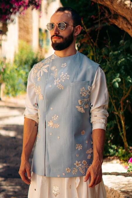 Buy Sahil Kochhar Blue Embroidery, Sequins Asymmetric Floral Jacket Online at Aza Fashions Buy_Sahil Kochhar_Blue Embroidery, Sequins Asymmetric Floral Jacket _Online_at_Aza_Fashions