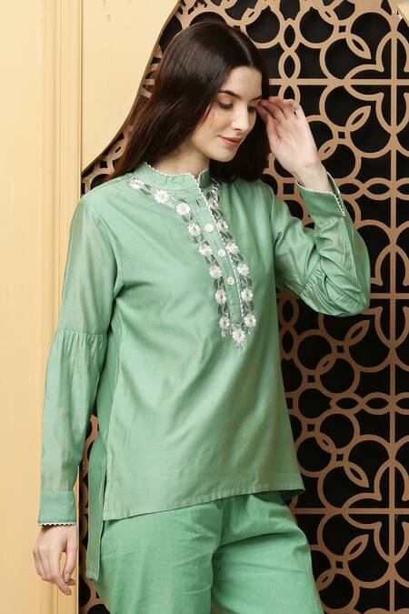 Kefi Collections_Green Cotton, Chanderi Embroidery Mandarin Collar Ambreen Placket Tunic_Online_at_Aza_Fashions