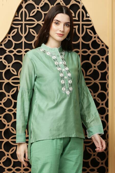 Buy_Kefi Collections_Green Cotton, Chanderi Embroidery Mandarin Collar Ambreen Placket Tunic_Online_at_Aza_Fashions