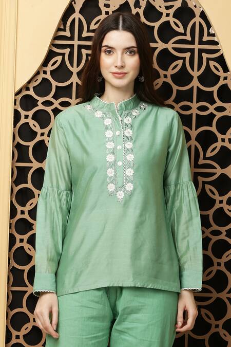 Kefi Collections_Green Cotton, Chanderi Embroidery Mandarin Collar Ambreen Placket Tunic_at_Aza_Fashions