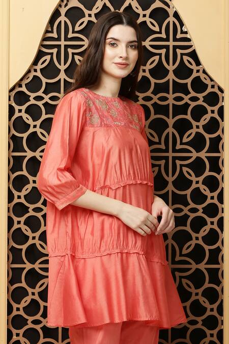 Buy_Kefi Collections_Peach Cotton, Chanderi Embroidery Round Neck Amina Yoke Tiered Tunic_Online_at_Aza_Fashions