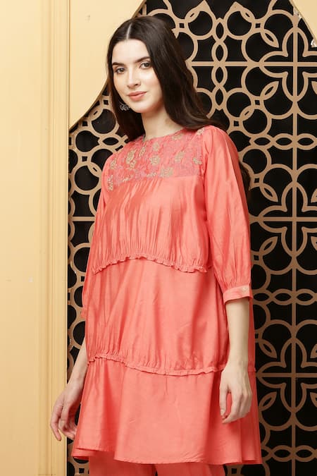 Shop_Kefi Collections_Peach Cotton, Chanderi Embroidery Round Neck Amina Yoke Tiered Tunic_Online_at_Aza_Fashions
