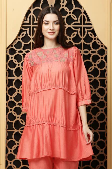 Kefi Collections_Peach Cotton, Chanderi Embroidery Round Neck Amina Yoke Tiered Tunic_at_Aza_Fashions