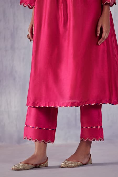 Buy_Amisha Kothari_Pink Chanderi , Organza Cut Work, Tassels, Gulnaar Yoke Kurta Set _Online_at_Aza_Fashions