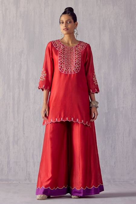 Amisha Kothari Red Chanderi , Organza Embroidery Amartya Neckline Kurta Sharara Set Online at Aza Fashions Amisha Kothari_Red Chanderi , Organza Embroidery Amartya Neckline Kurta Sharara Set _Online_at_Aza_Fashions