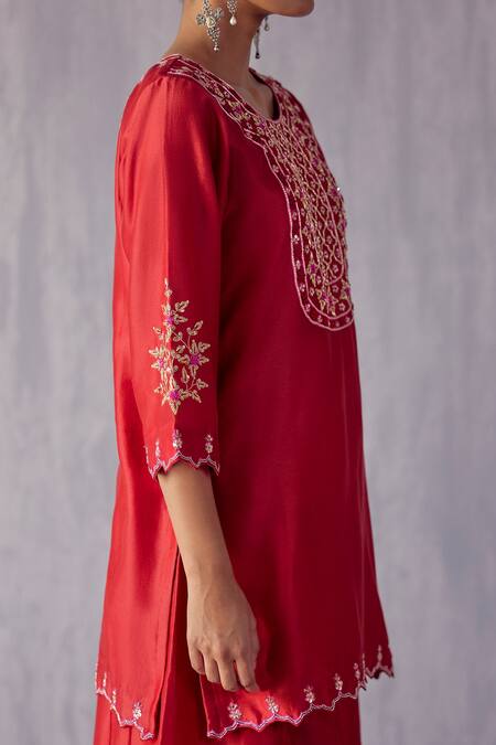 Shop Amisha Kothari Red Chanderi , Organza Embroidery Amartya Neckline Kurta Sharara Set Online at Aza Fashions Shop_Amisha Kothari_Red Chanderi , Organza Embroidery Amartya Neckline Kurta Sharara Set _Online_at_Aza_Fashions