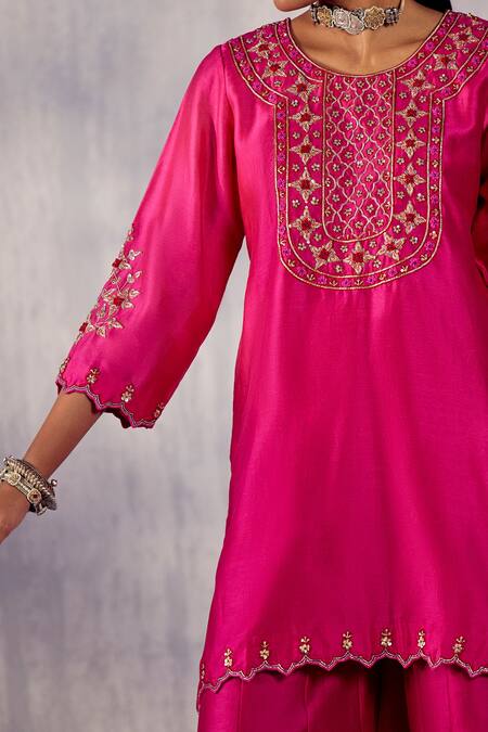 Buy_Amisha Kothari_Pink Chanderi , Organza Embroidery, Zari Amartya Kurta Sharara Set _Online_at_Aza_Fashions