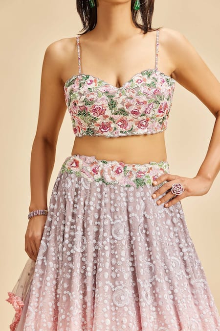 Buy_Nitika Gujral_Pink Lehenga Georgette Embroidery Floral Sweetheart Neck Shaded Set _Online_at_Aza_Fashions