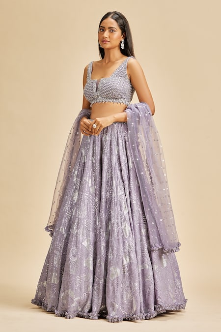 Shop Nitika Gujral Purple Blouse And Dupatta Net & Lehenga Georgette Embroidery Sequin Lilac Set Online at Aza Fashions Shop_Nitika Gujral_Purple Blouse And Dupatta Net & Lehenga Georgette Embroidery Sequin Lilac Set _Online_at_Aza_Fashions