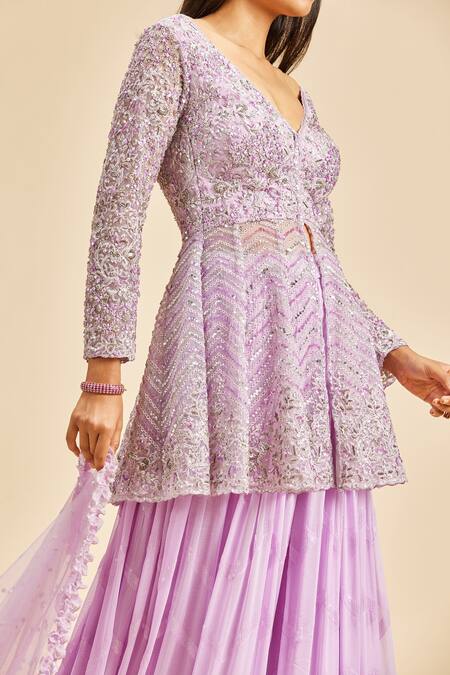 Buy Nitika Gujral Purple Sharara Georgette Embroidery Silver Dori V Neck Peplum Top Set Online at Aza Fashions Buy_Nitika Gujral_Purple Sharara Georgette Embroidery Silver Dori V Neck Peplum Top Set _Online_at_Aza_Fashions
