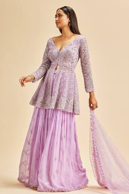 Shop Nitika Gujral Purple Sharara Georgette Embroidery Silver Dori V Neck Peplum Top Set Online at Aza Fashions Shop_Nitika Gujral_Purple Sharara Georgette Embroidery Silver Dori V Neck Peplum Top Set _Online_at_Aza_Fashions