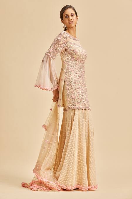 Nitika Gujral_Pink Kurta Net Embroidery Bead Boat Neck Sharara Set _Online_at_Aza_Fashions