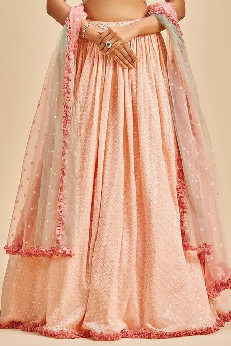 Nitika Gujral_Pink Lehenga And Blouse Georgette Embroidery Floral Plunge Checkered Pattern Set _Online_at_Aza_Fashions