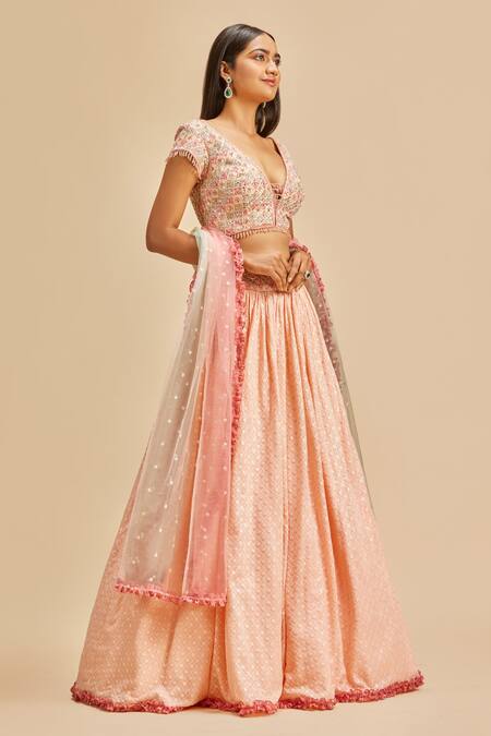 Buy_Nitika Gujral_Pink Lehenga And Blouse Georgette Embroidery Floral Plunge Checkered Pattern Set _Online_at_Aza_Fashions
