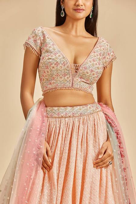 Shop_Nitika Gujral_Pink Lehenga And Blouse Georgette Embroidery Floral Plunge Checkered Pattern Set _Online_at_Aza_Fashions