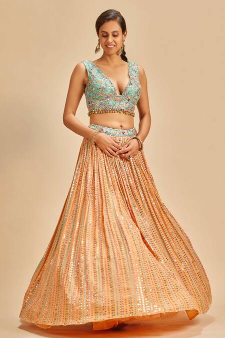 Nitika Gujral_Orange Lehenga Chinnon Embroidery Resham V Neck Set _Online_at_Aza_Fashions