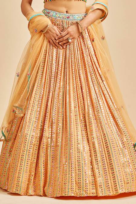 Shop_Nitika Gujral_Orange Lehenga Chinnon Embroidery Resham V Neck Set _Online_at_Aza_Fashions