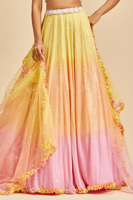 Nitika Gujral Yellow Lehenga And Blouse Georgette Embroidery Sequin Plunge V Neck Ombre Set Online at Aza Fashions Nitika Gujral_Yellow Lehenga And Blouse Georgette Embroidery Sequin Plunge V Neck Ombre Set _Online_at_Aza_Fashions