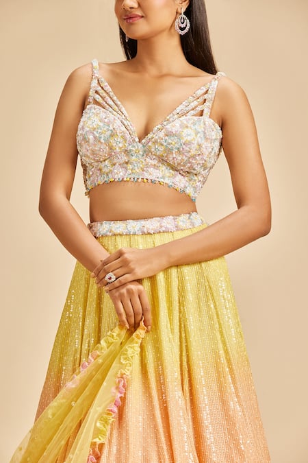 Buy Nitika Gujral Yellow Lehenga And Blouse Georgette Embroidery Sequin Plunge V Neck Ombre Set Online at Aza Fashions Buy_Nitika Gujral_Yellow Lehenga And Blouse Georgette Embroidery Sequin Plunge V Neck Ombre Set _Online_at_Aza_Fashions