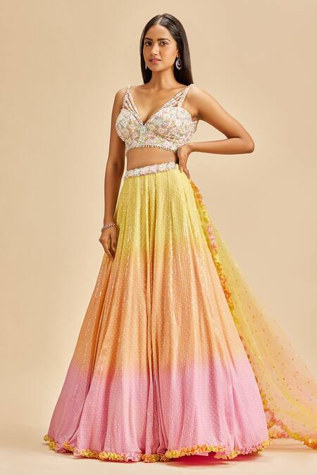 Shop Nitika Gujral Yellow Lehenga And Blouse Georgette Embroidery Sequin Plunge V Neck Ombre Set Online at Aza Fashions Shop_Nitika Gujral_Yellow Lehenga And Blouse Georgette Embroidery Sequin Plunge V Neck Ombre Set _Online_at_Aza_Fashions