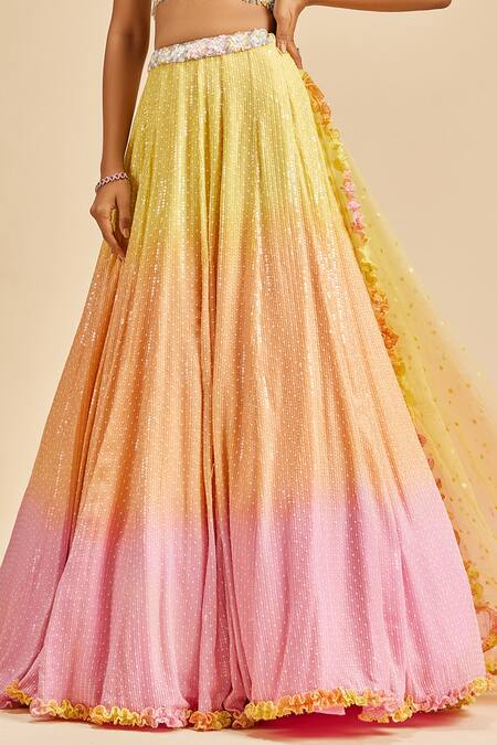 Nitika Gujral Yellow Lehenga And Blouse Georgette Embroidery Sequin Plunge V Neck Ombre Set at Aza Fashions Nitika Gujral_Yellow Lehenga And Blouse Georgette Embroidery Sequin Plunge V Neck Ombre Set _at_Aza_Fashions