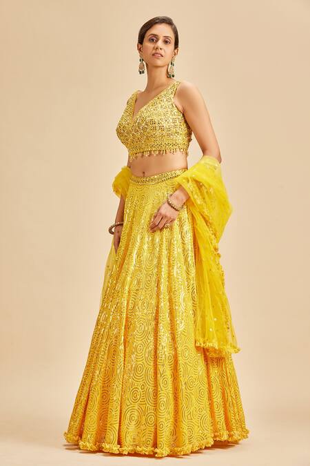 Shop Nitika Gujral Yellow Blouse And Dupatta Net & Lehenga Georgette Geometric Pattern Set Online at Aza Fashions Shop_Nitika Gujral_Yellow Blouse And Dupatta Net & Lehenga Georgette Geometric Pattern Set _Online_at_Aza_Fashions