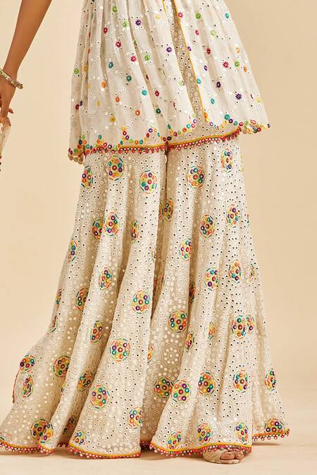Buy_Nitika Gujral_Off White Top And Gharara Georgette Embroidery Resham V Neck Mirror Peplum Set _Online_at_Aza_Fashions