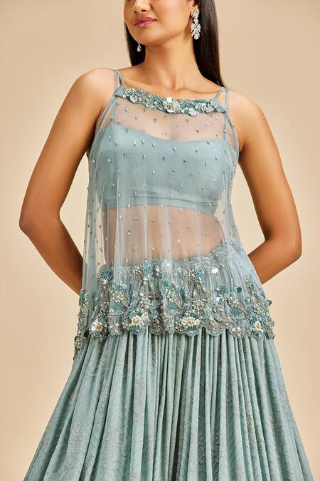 Buy Nitika Gujral Grey Lehenga Georgette Embroidery Sequin Square Neck Top Set Online at Aza Fashions Buy_Nitika Gujral_Grey Lehenga Georgette Embroidery Sequin Square Neck Top Set _Online_at_Aza_Fashions