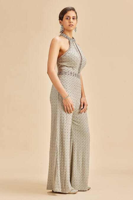 Buy Nitika Gujral Grey Georgette Embroidery Resham And Metallic Beads Halter Neck Jumpsuit Online at Aza Fashions Buy_Nitika Gujral_Grey Georgette Embroidery Resham And Metallic Beads Halter Neck Jumpsuit _Online_at_Aza_Fashions