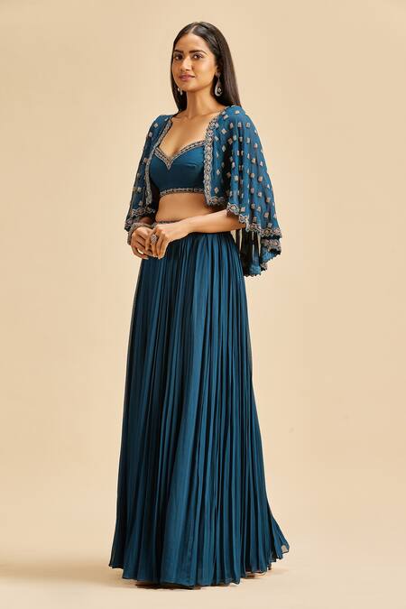 Buy Nitika Gujral Blue Georgette Embroidery Beads And Cutdana Sweetheart Cape Pleated Lehenga Set Online at Aza Fashions Buy_Nitika Gujral_Blue Georgette Embroidery Beads And Cutdana Sweetheart Cape Pleated Lehenga Set _Online_at_Aza_Fashions