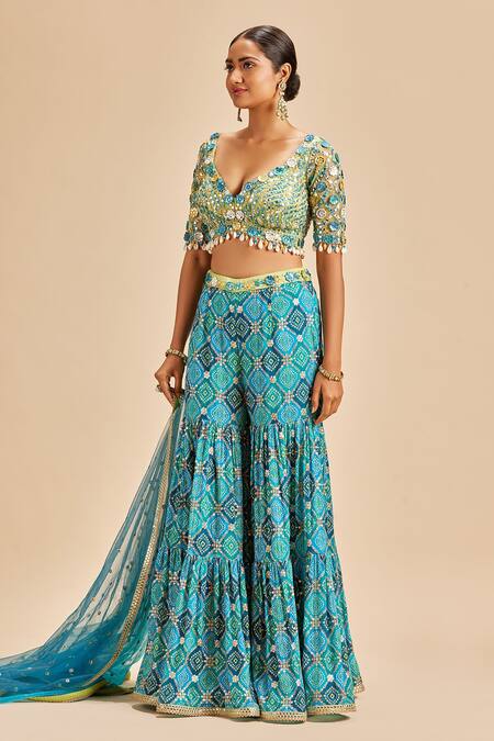 Buy Nitika Gujral Blue Sharara Chinon Bandhni And Blouse & Dupatta Net Embroidery Pattern Set Online at Aza Fashions Buy_Nitika Gujral_Blue Sharara Chinon Bandhni And Blouse & Dupatta Net Embroidery Pattern Set _Online_at_Aza_Fashions