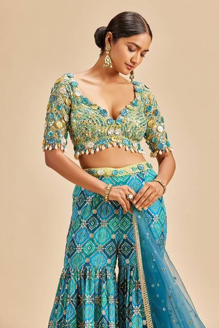 Shop Nitika Gujral Blue Sharara Chinon Bandhni And Blouse & Dupatta Net Embroidery Pattern Set Online at Aza Fashions Shop_Nitika Gujral_Blue Sharara Chinon Bandhni And Blouse & Dupatta Net Embroidery Pattern Set _Online_at_Aza_Fashions