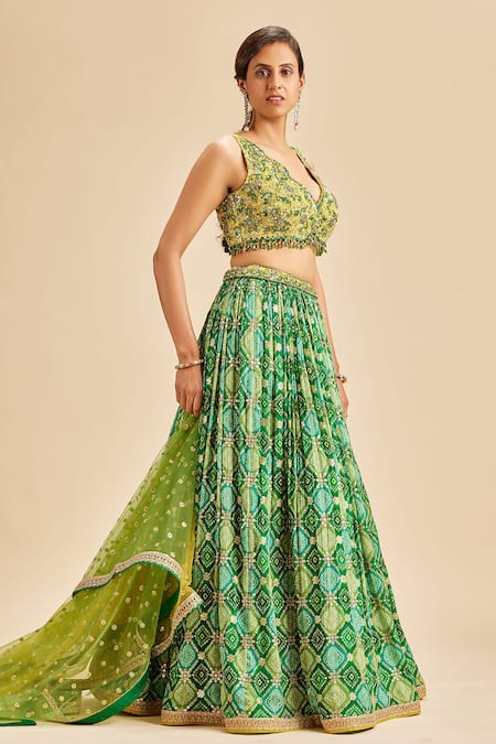 Buy Nitika Gujral Green Chinon Badhani And Blouse & Dupatta Net Pattern Set Online at Aza Fashions Buy_Nitika Gujral_Green Chinon Badhani And Blouse & Dupatta Net Pattern Set _Online_at_Aza_Fashions