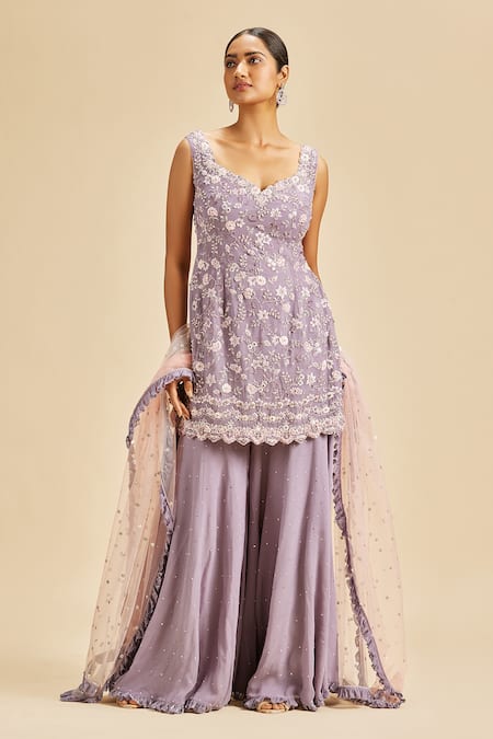 Buy Nitika Gujral Purple Kurta And Sharara Shimmer Georgette & Dupatta Floral Sleeveless Set Online at Aza Fashions Buy_Nitika Gujral_Purple Kurta And Sharara Shimmer Georgette & Dupatta Floral Sleeveless Set _Online_at_Aza_Fashions