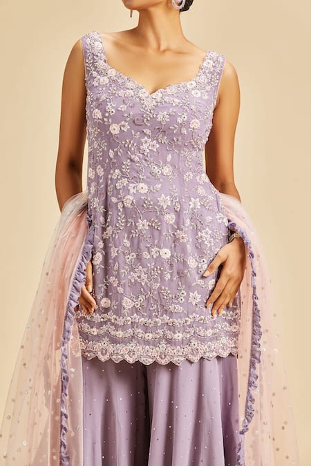 Shop Nitika Gujral Purple Kurta And Sharara Shimmer Georgette & Dupatta Floral Sleeveless Set Online at Aza Fashions Shop_Nitika Gujral_Purple Kurta And Sharara Shimmer Georgette & Dupatta Floral Sleeveless Set _Online_at_Aza_Fashions