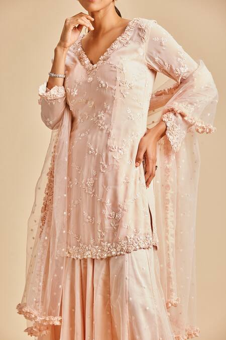 Buy Nitika Gujral Pink Kurta Viscose Georgette Shirt And Sharara & Dupatta Floral Pattern Set Online at Aza Fashions Buy_Nitika Gujral_Pink Kurta Viscose Georgette Shirt And Sharara & Dupatta Floral Pattern Set _Online_at_Aza_Fashions