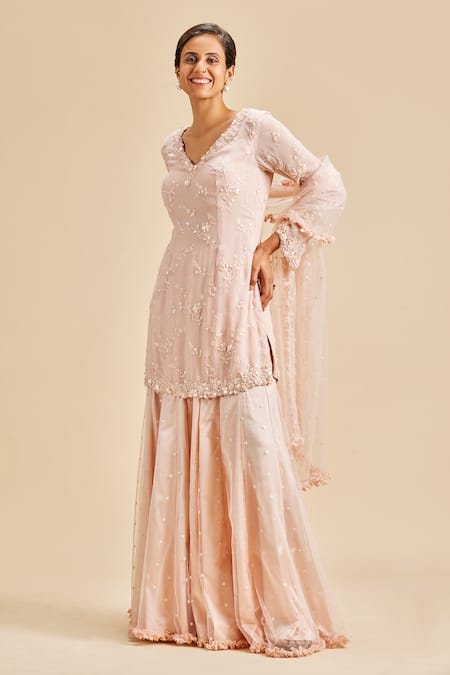 Shop Nitika Gujral Pink Kurta Viscose Georgette Shirt And Sharara & Dupatta Floral Pattern Set Online at Aza Fashions Shop_Nitika Gujral_Pink Kurta Viscose Georgette Shirt And Sharara & Dupatta Floral Pattern Set _Online_at_Aza_Fashions
