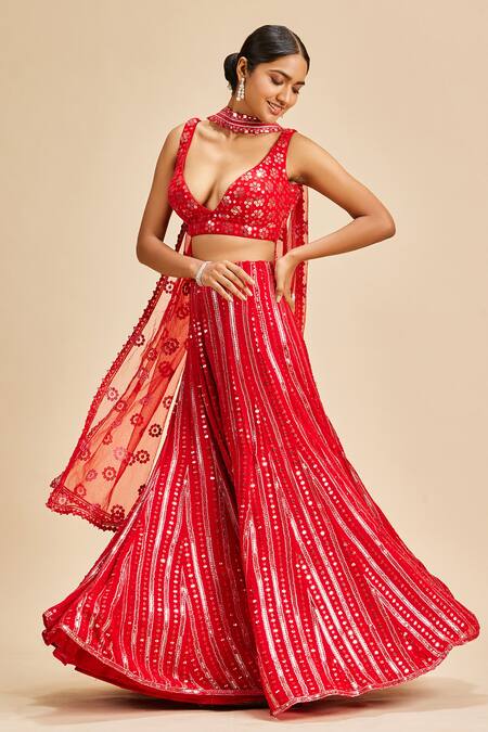 Buy Nitika Gujral Red Crop Top And Sharara Georgette Embroidery Patra Leaf Neck Set Online at Aza Fashions Buy_Nitika Gujral_Red Crop Top And Sharara Georgette Embroidery Patra Leaf Neck Set _Online_at_Aza_Fashions