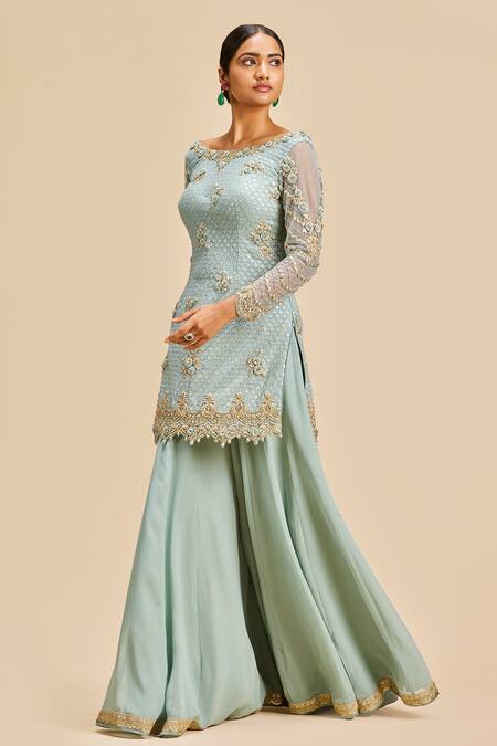 Buy Nitika Gujral Blue Kurta And Sharara Georgette Embroidery Bead Boat Neck Set Online at Aza Fashions Buy_Nitika Gujral_Blue Kurta And Sharara Georgette Embroidery Bead Boat Neck Set _Online_at_Aza_Fashions
