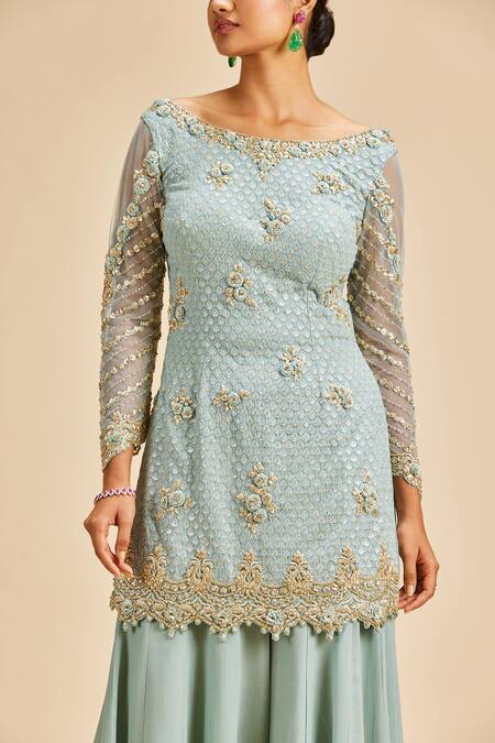 Shop Nitika Gujral Blue Kurta And Sharara Georgette Embroidery Bead Boat Neck Set Online at Aza Fashions Shop_Nitika Gujral_Blue Kurta And Sharara Georgette Embroidery Bead Boat Neck Set _Online_at_Aza_Fashions