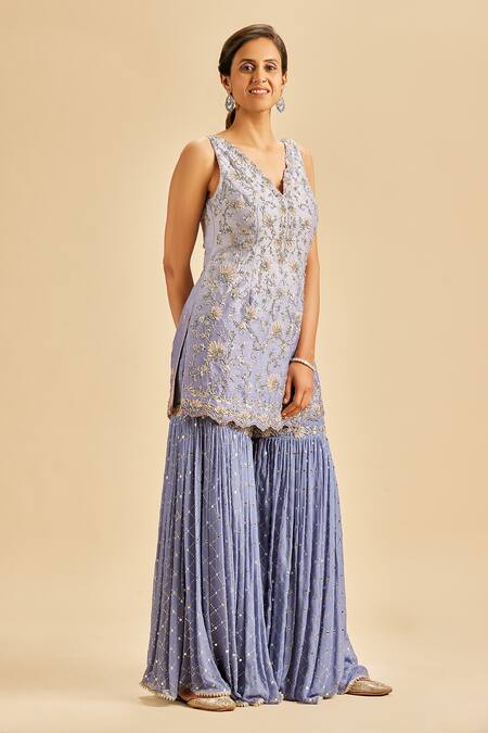 Buy Nitika Gujral Blue Kurta Raw Silk Embroidery Mukaish V Neck Floral Sharara Set Online at Aza Fashions Buy_Nitika Gujral_Blue Kurta Raw Silk Embroidery Mukaish V Neck Floral Sharara Set _Online_at_Aza_Fashions