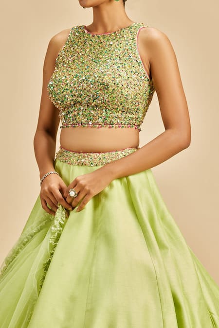 Buy Nitika Gujral Green Lehenga And Blouse Raw Silk & Dupatta Net Embroidery Floral Applique Set Online at Aza Fashions Buy_Nitika Gujral_Green Lehenga And Blouse Raw Silk & Dupatta Net Embroidery Floral Applique Set _Online_at_Aza_Fashions
