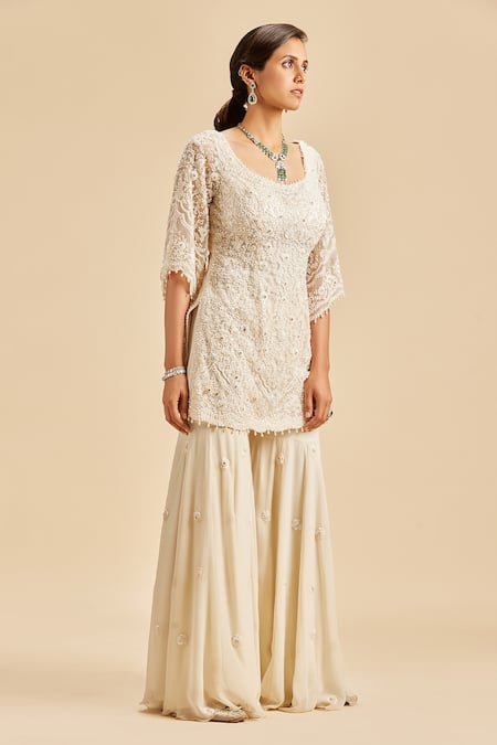 Buy Nitika Gujral Ivory Kurta And Dupatta Net & Sharara Shimmer Georgette Bead & Crystal Set Online at Aza Fashions Buy_Nitika Gujral_Ivory Kurta And Dupatta Net & Sharara Shimmer Georgette Bead & Crystal Set _Online_at_Aza_Fashions