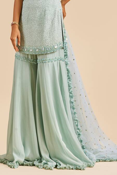 Buy_Nitika Gujral_Green Kurta Chiffon Embroidery Resham V Neck Gharara Set _Online_at_Aza_Fashions